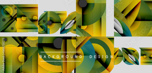Abstract geometric patterns. Green, yellow hues dominate design. Overlapping shapes create dynamic visual texture. Modern aesthetic.