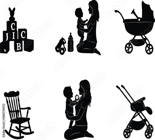 Childcare silhouette icons, baby strollers, parenting elements, rocking chair, anchor blocks, family care, infant items, nurturing design, black vector set
