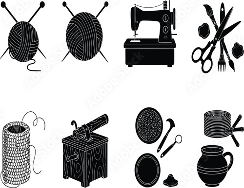 Crafting icons, knitting, sewing machine, scissors, yarn, thread, kitchen tools, handmade silhouette, 