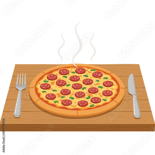 Steaming whole pepperoni pizza, rendered in a vibrant 2D flat vector style without outlines, rests on a rustic wooden table with a fork and knife, all on a bright white background.