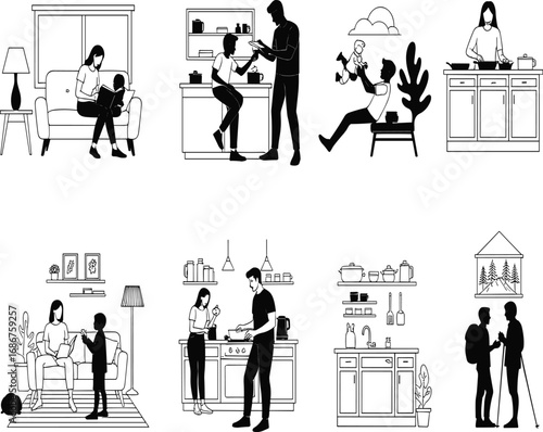 Domestic life silhouette, family caregiving, cooking, reading, parenting, black vector icons, everyday home scenes, 
