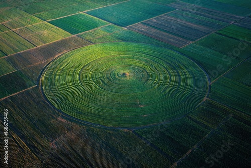 A high angle showcases a circular irrigation system within a patchwork of green agricultural fields. The image captures the geometric beauty and the scale of land use.