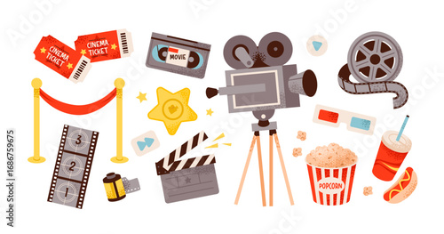 Cinema accessories set. Vintage cinema elements, clapperboard, projector, film reels, and 3D glasses. Flat vector illustration.