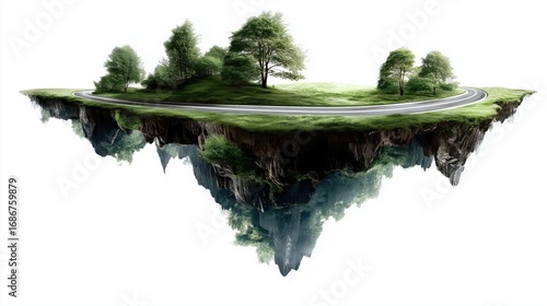 Surreal Floating Island with Lush Greenery and Winding Road Against a Dreamy Sky
