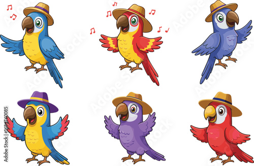 Colorful parrot cartoon illustration, cute parrot with hat, tropical bird character, exotic parrot mascot design, funny singing parrot drawing
