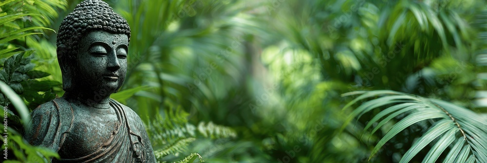 Obraz premium Work-Life-Balance with Smiling Buddha Statue in a Fresh Tropical Garden