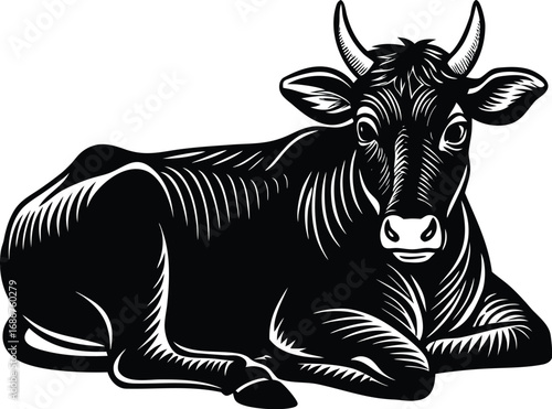 Black and White Illustration of a Cow Lying Down in a Field