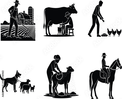 Farm activity silhouettes, rural life vector, animal care icons, milking feeding grooming riding walking, 