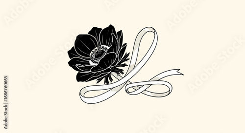 Elegant black anemone flower with decorative ribbon forming letter L.