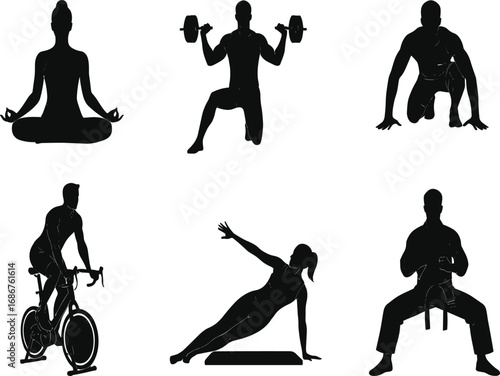 Fitness silhouette, yoga pose, strength training, cardio workout, martial arts stance, black vector icons, exercise, wellness, core, meditation