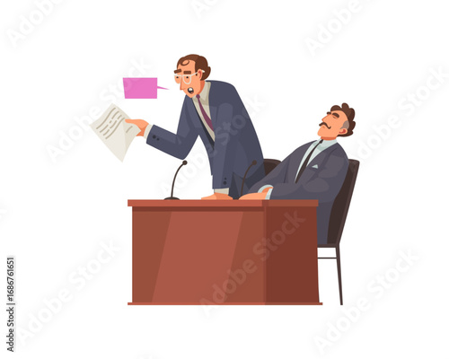 Political cartoon illustration of a furious speaker pointing to a document while confronting a smug opponent during a heated debate