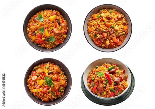 Photos Set Jambalaya rice food on bowl isolated on transparent or white background