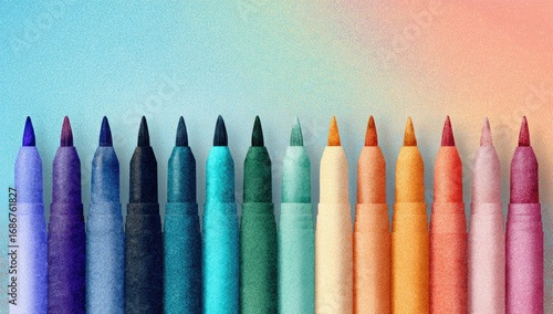 Colorful markers in a row against a pastel background