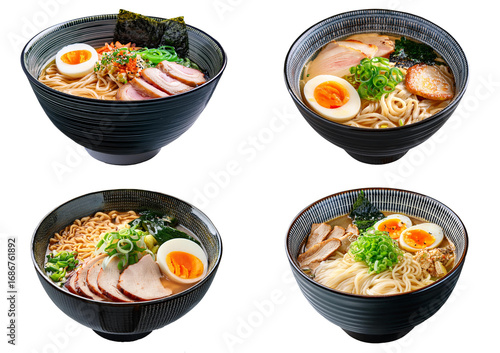 Set Japanese noodle ramen bowl isolated on transparent or white background