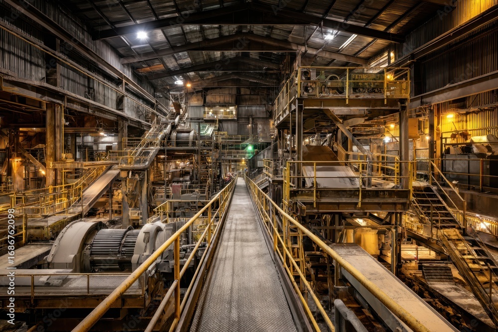 Fototapeta premium Detailed interior view of a mineral processing plant, showcasing complex metal structures and machinery illuminated by warm ambient light. Highlighting industrial manufacturing environment.