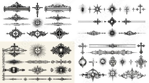 Gothic ornamental crosses and vintage religious dividers in black and white, perfect for tattoo design, spiritual art, and antique decoration projects.