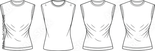 Sleeveless fitted shirt, front view variations, fabric drape styles, close fit design, fashion flat sketch, garment technical drawing, apparel vector template