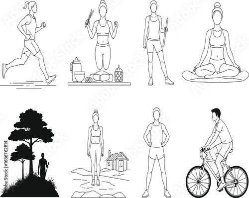 Healthy lifestyle silhouette, outdoor exercise, yoga pose, cycling, hiking, dumbbell workout, black vector icons, fitness, nature, wellness, meditation