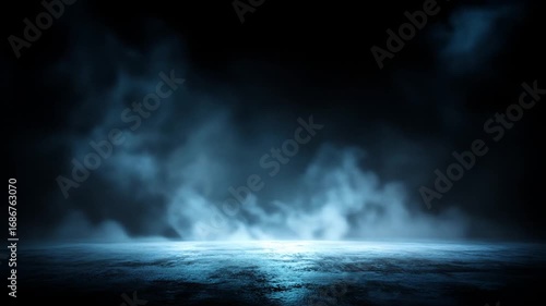 A dramatic, moody scene featuring a dark floor with illuminated, swirling blue smoke.