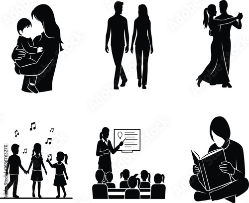 Human interaction silhouette set, parenting dancing reading teaching walking family icons, black vector illustrations of daily activities