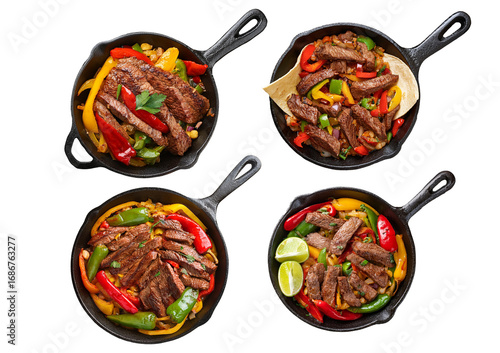 Принти на полотні Set Mexican steak fajitas in cast iron skillet isolated on transparent or white