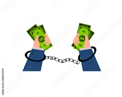 Businessman's hands in handcuffs holding dollar bills, symbolizing financial slavery, corruption and debt