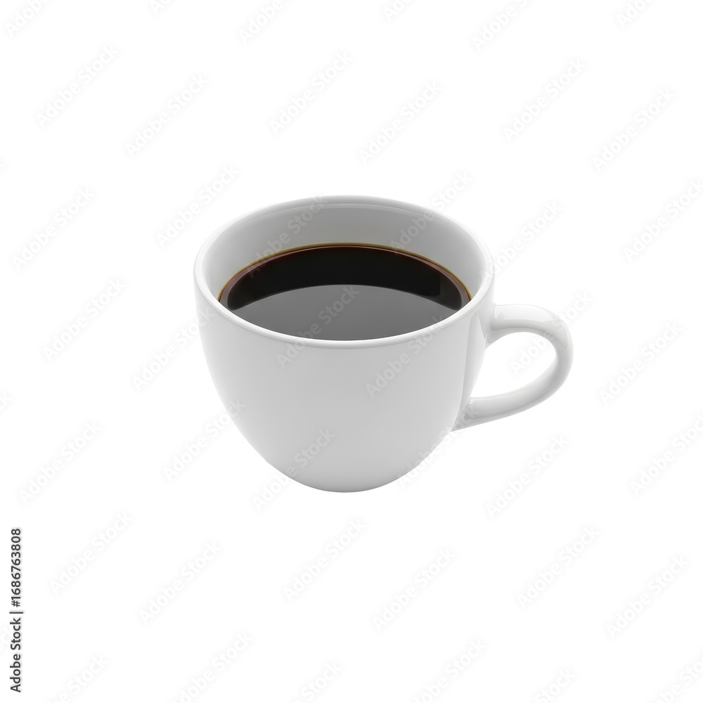Fototapeta premium A white cup filled with black coffee on a white background.