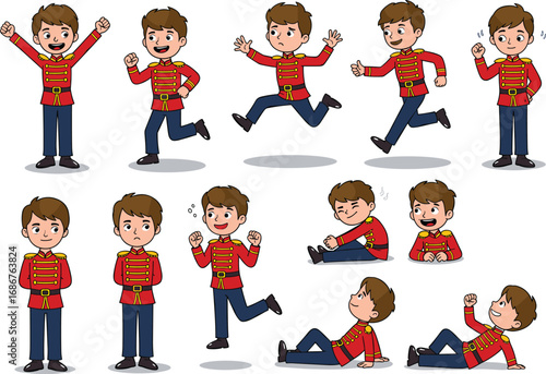 Cartoon boy character in red uniform showing different poses, military costume kid illustration, emotional expressions, marching guard clipart set
