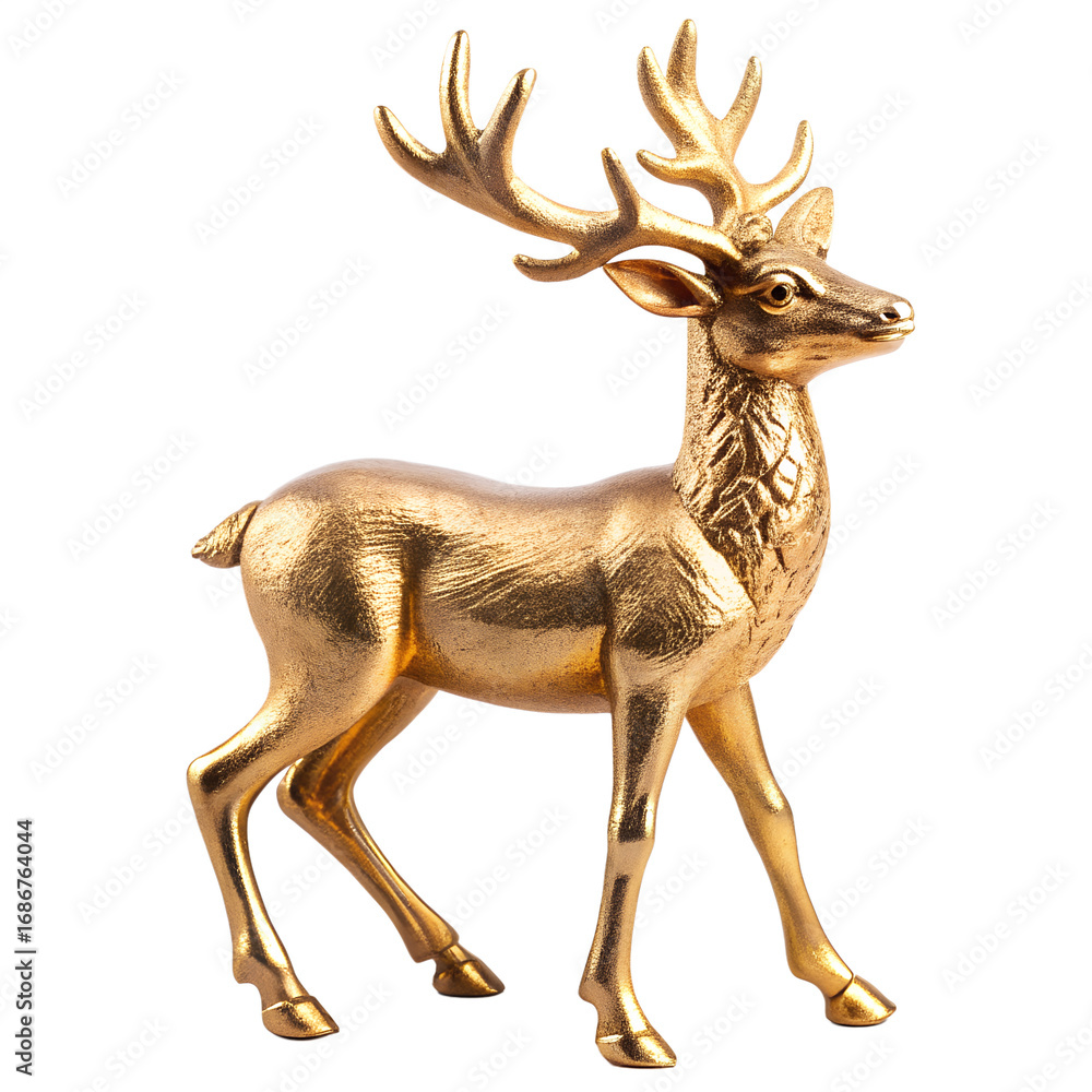 Fototapeta premium A shiny gold reindeer figurine with large antlers, standing majestically, isolated on transparent background
