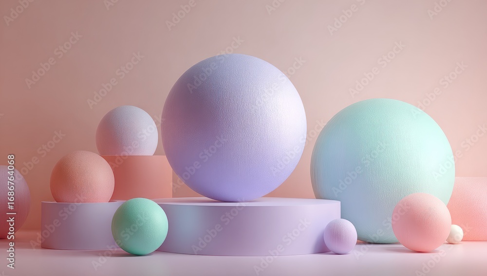 Fototapeta premium Pastel-toned spheres and cylinders arranged on a soft pink background create a whimsical and delicate display of geometric forms.