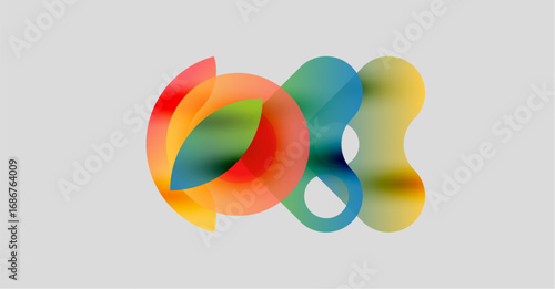 Abstract colorful shapes overlap, creating vibrant gradients. Soft hues blend, forming fluid design on light background.