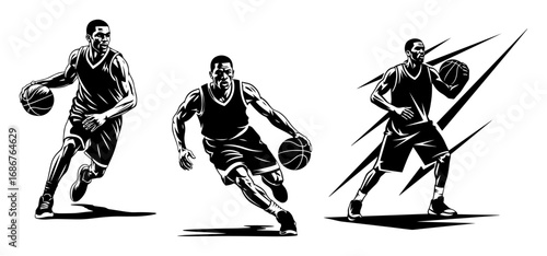 Basketball dribbling vector – three point guards driving forward with speed lines, bold dynamic monochrome sketch