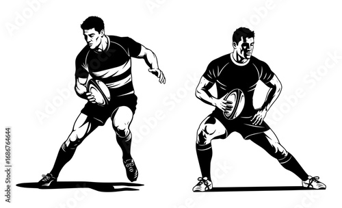Rugby pass vector illustration – two players setting up backline play, swift movement and strong silhouettes