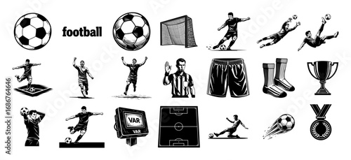 Football icon set vector – soccer balls, players, goal and field equipment collection in crisp black line art