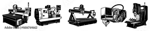 CNC machinery icon set vector – lathe, plasma cutter, laser engraver and mill collection depicted in sharp technical sketches