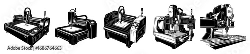 CNC router icon set vector – five compact gantry machines for woodworking and milling, precise technical line drawings