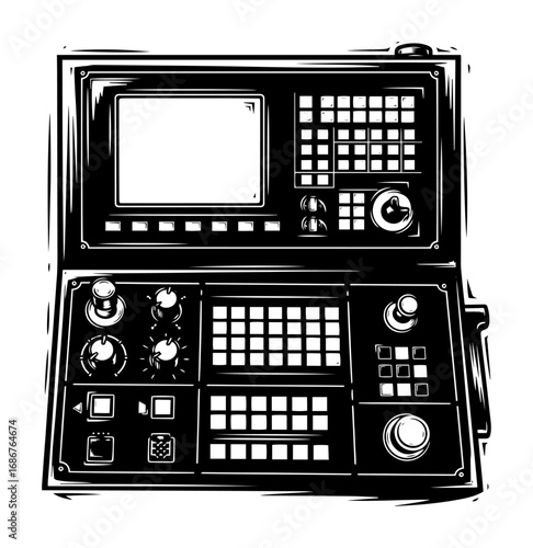 CNC control panel vector – industrial machine interface with display screen, keypad, knobs and emergency stop button, precise line art