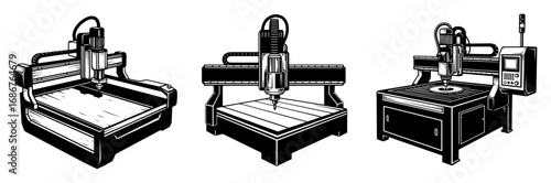 Large‑format CNC router vector pack – heavy‑duty carving machines with powerful spindles, clean industrial line art