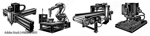 CNC motion components vector pack – linear actuator, rotary table and gantry modules, detailed engineering line drawings