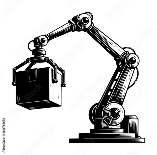 Heavy-duty robotic arm vector – automated loader lifting crate, bold industrial line drawing