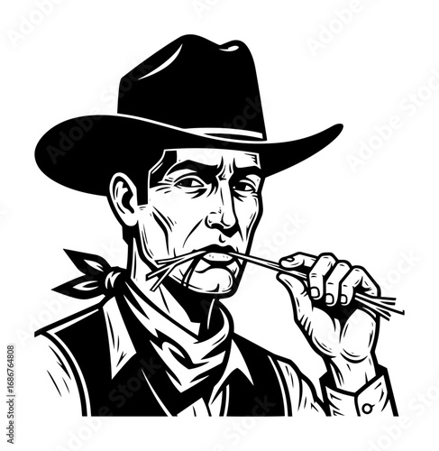 Stoic cowboy portrait vector – rancher in wide‑brim hat chewing straw, classic Wild West character sketch