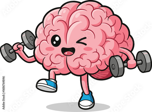 Cute cartoon brain lifting dumbbells, strong smart brain character exercising, fitness mental health concept, intelligence workout illustration, healthy mind activity