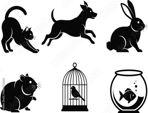 Pet animal silhouettes, domestic creature vector, cat dog rabbit hamster bird fish, black cartoon icons, animal care artwork, home pets