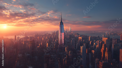 Celebrating Labor Day with a vibrant sunset over New York City, featuring the Empire State Building adorned in patriotic colors