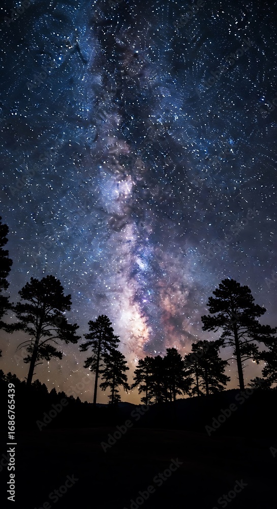 Naklejka premium Night Sky Over Silhouetted Trees.
