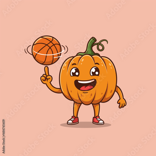 Happy cartoon pumpkin spinning a basketball on one finger, wearing red sneakers.