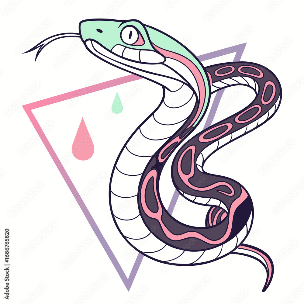 Fototapeta premium Stylized illustration of a coiled snake with a pastel color palette and geometric shapes