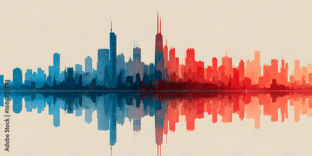 Fototapeta premium Celebrating Labor Day with a vibrant skyline reflection at sunset showing blue and red hues