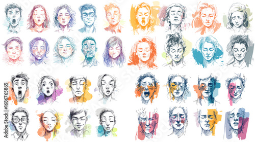 Hand-drawn sketch and watercolor portraits of people with emotional expressions, blending line art and splashes of color for artistic and creative projects.