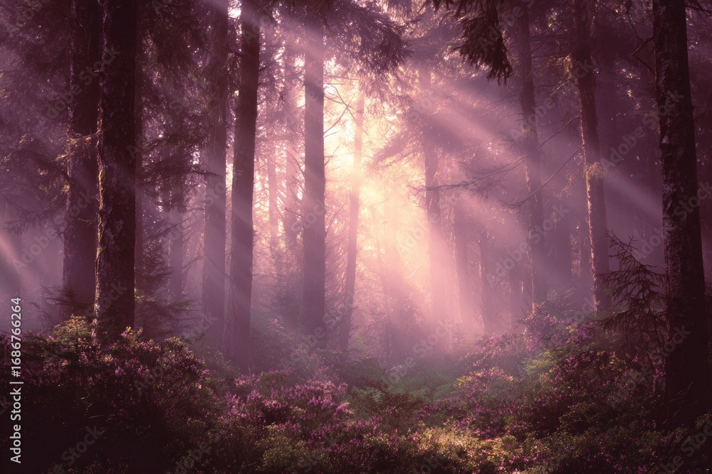 Fototapeta premium A winter forest landscape with a misty morning light filtering through the trees, a cold path winding through the woods.
